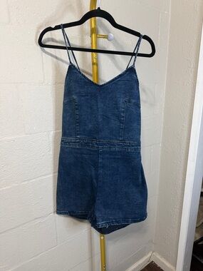 Chocolate Washed Denim Romper in Deep Blue